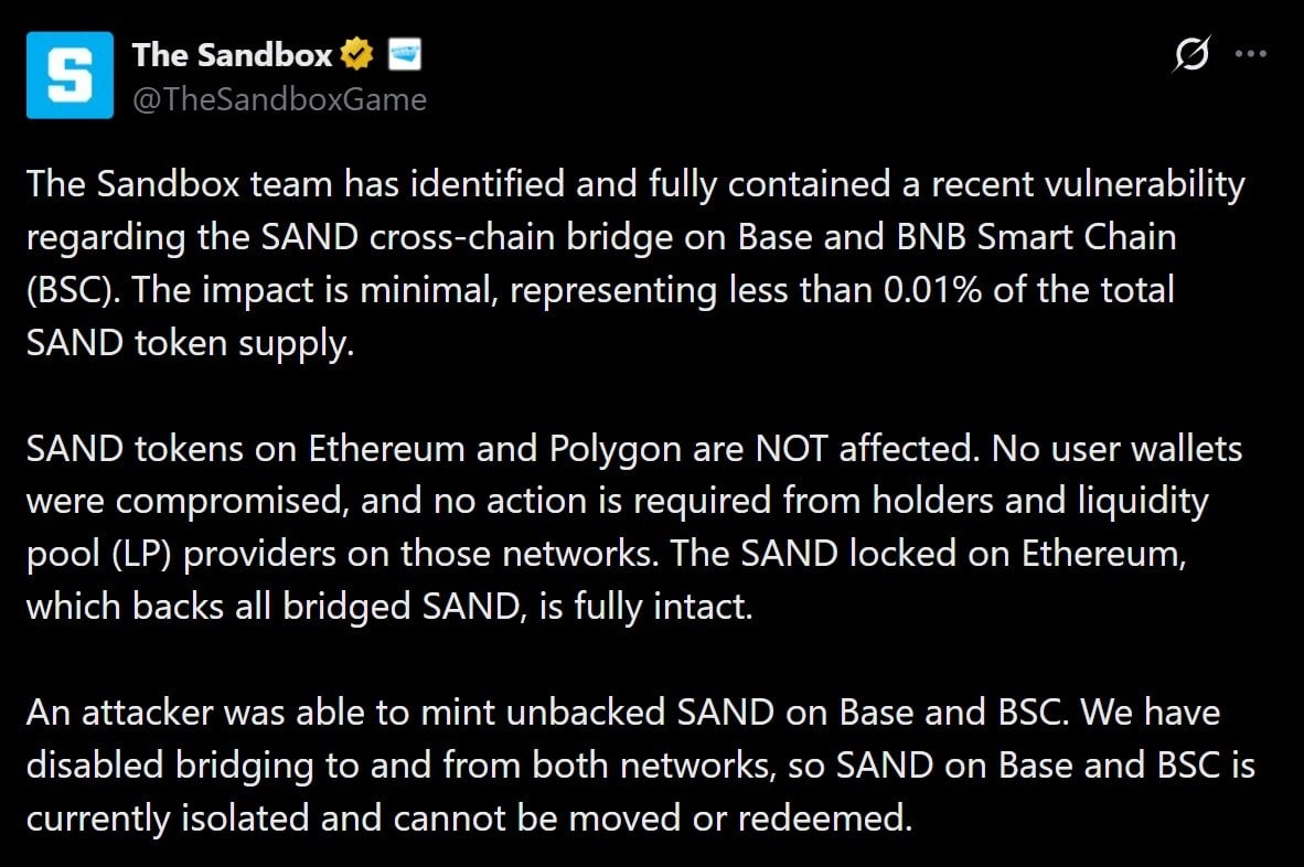 Sandbox Bridge Hack Mints 14.9B SAND While Coinbase Delists Futures