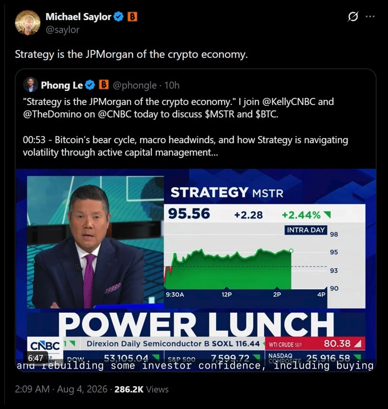 Saylor Calls Strategy the "JPMorgan of Crypto"