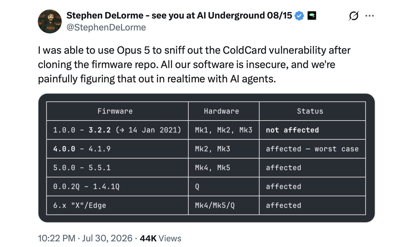 Was AI Responsible for Finding the Coldcard Security Flaw? X screenshot