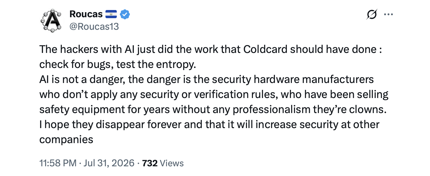 Was AI Responsible for Finding the Coldcard Security Flaw? X screenshot.