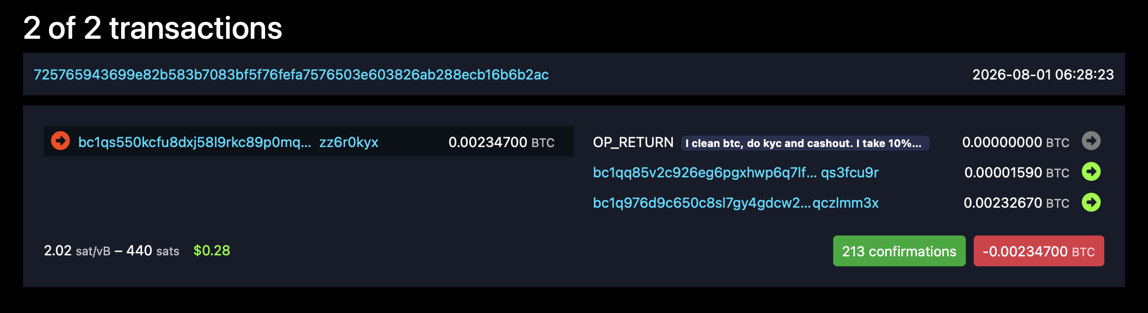 Coldcard Hacker Gets Brazen Bitcoin Laundering Offer Onchain mempool.space screenshot.