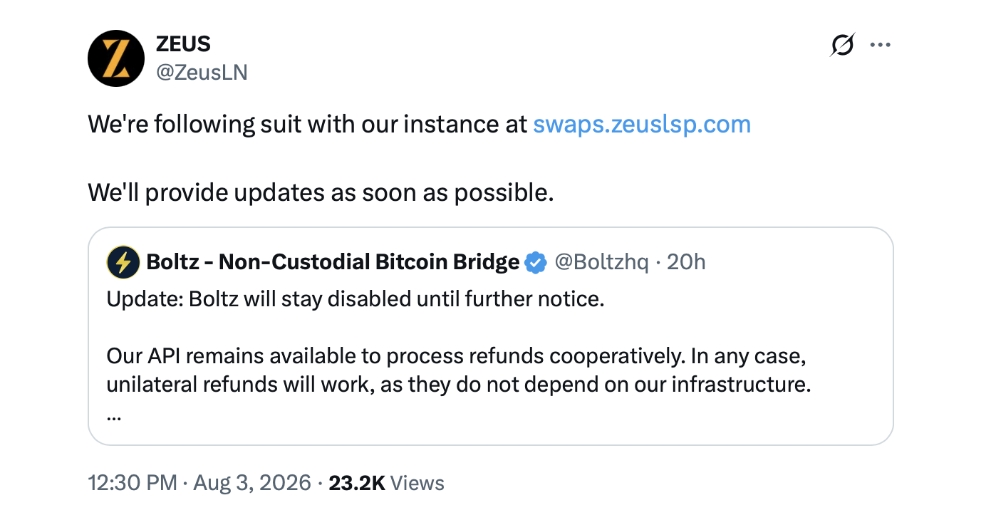 AI Attack Freezes Boltz, Rattles Lightning Network Users X screenshot