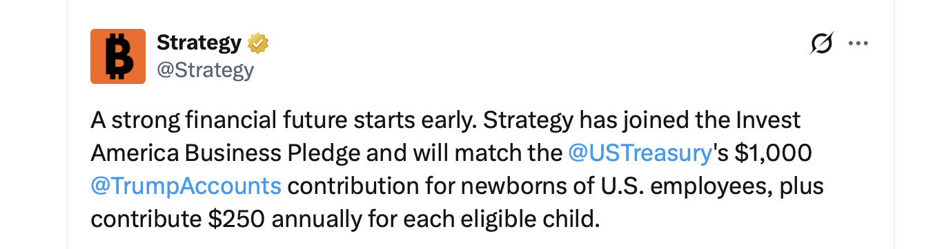 Strategy Bets on Trump Accounts to Mint the Next Investor Class Strategy X post on Trump accounts.