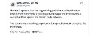 BIP-110 Backers Plot Minority Chain's PoW Reset to 'Fire' Bitcoin Miners X post screenshot
