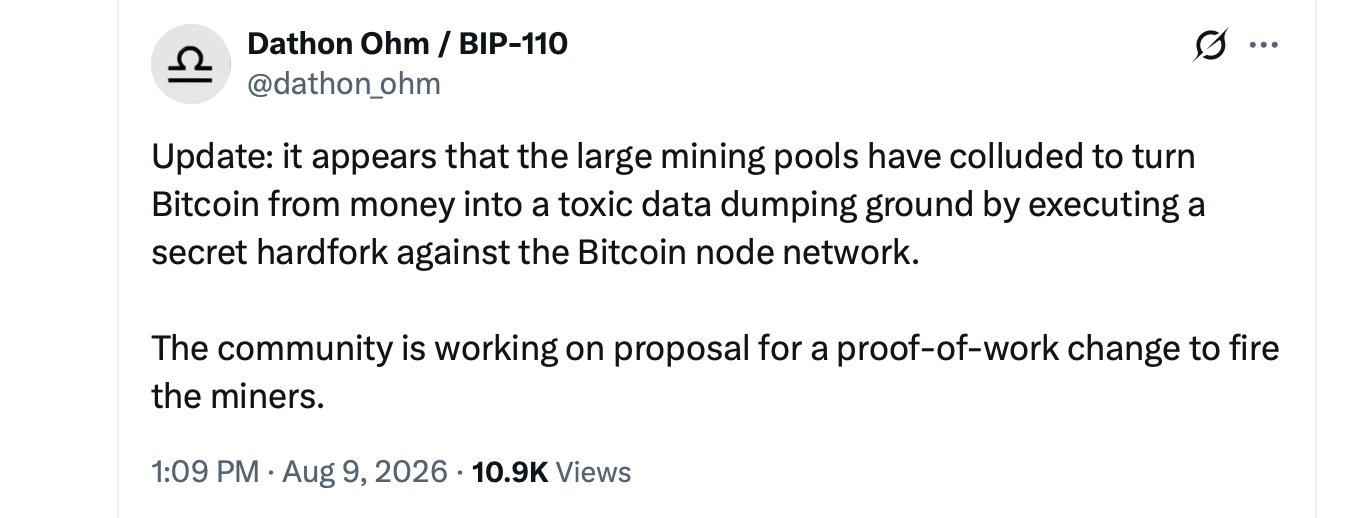 BIP-110 Backers Plot Minority Chain's PoW Reset to 'Fire' Bitcoin Miners X post screenshot
