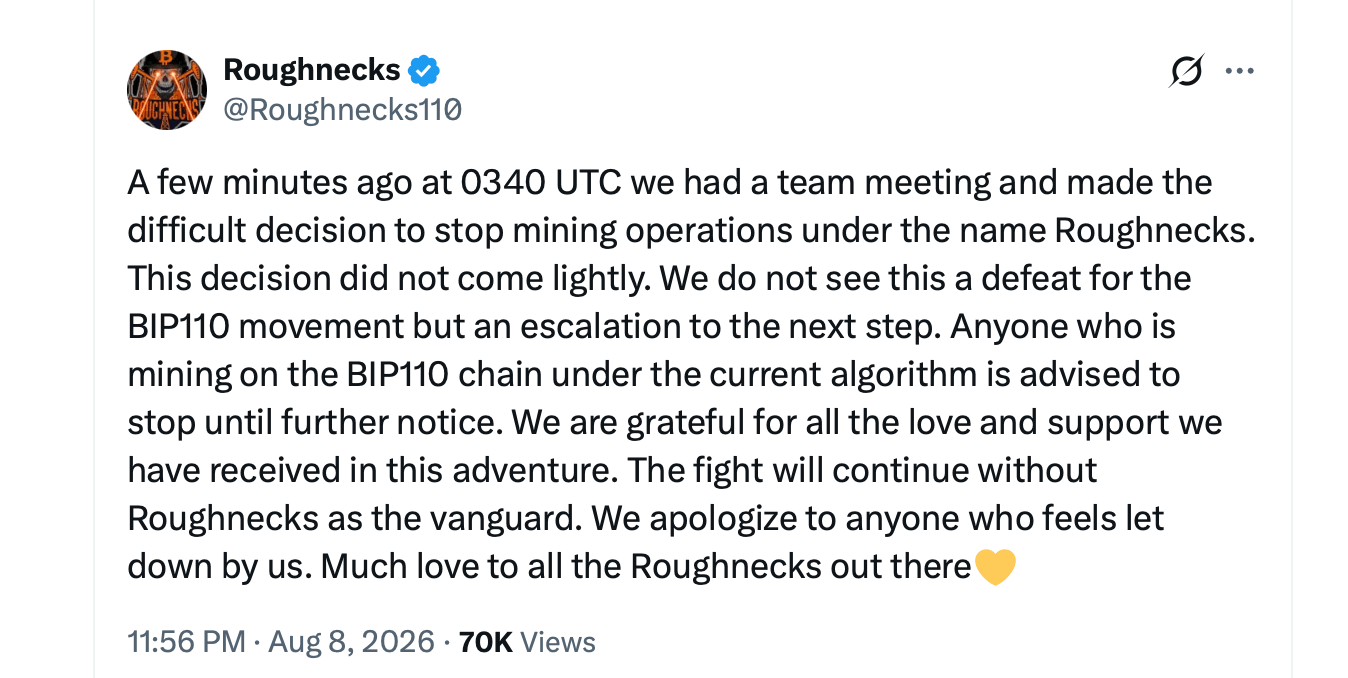 Roughnecks Quits BIP-110 Mining as Ocean Hashrate Collapses Roughnecks X post screenshot.