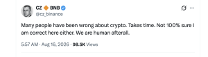 World Gold Council CEO Blasts Bitcoin, Predicts It Goes to Zero Binance founder Changpeng Zhao X screenshot.