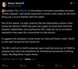 SEC's delay on tokenization exemption.