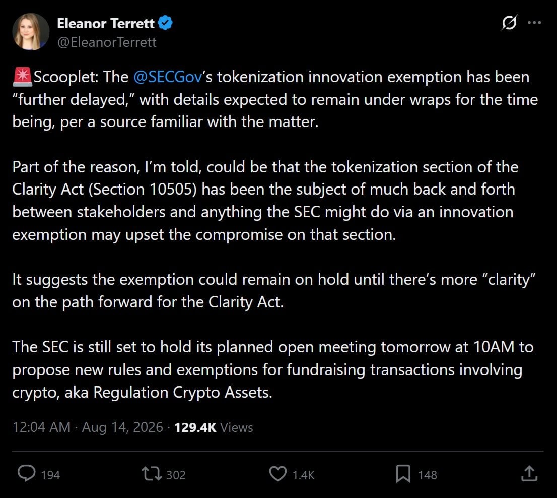 SEC's delay on tokenization exemption.