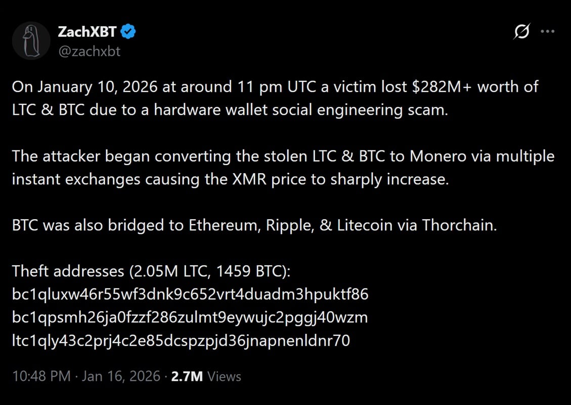 ZachXBT tweet discussing Jan 10's social engineering hack.