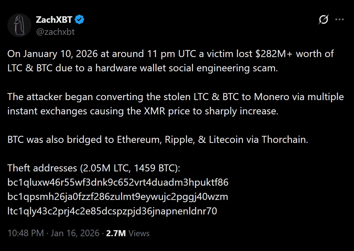 ZachXBT tweet discussing Jan 10's social engineering hack.