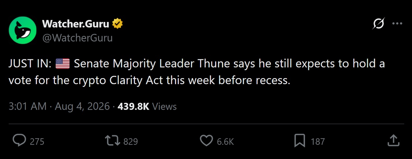 Sen. Thune says CLARITY might get passed this week