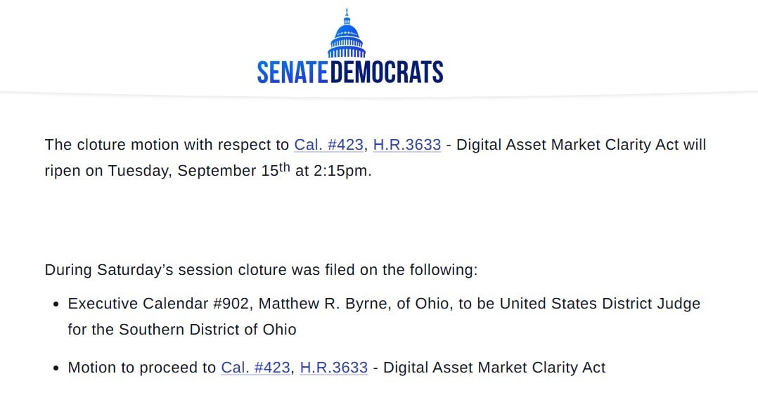 CLARITY Act Heads Toward Sept. 15 Senate Vote as Crypto Bill Advances