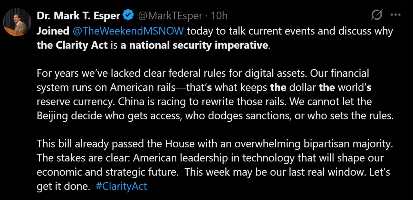 Tweet discussing why CLARITY Act is needed.