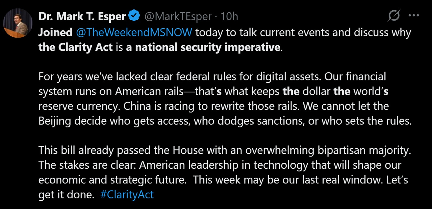 Tweet discussing why CLARITY Act is needed.