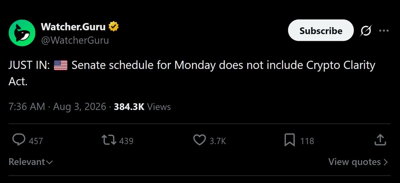 Tweet discussing senate's decision to not include CLARITY act on Monday's agenda.