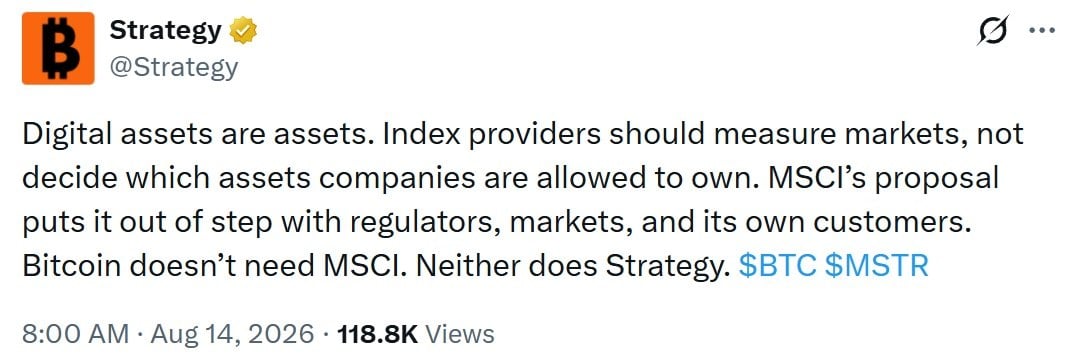 Strategy Pushes Back on MSCI Plan to Drop MSTR From Global Indexes