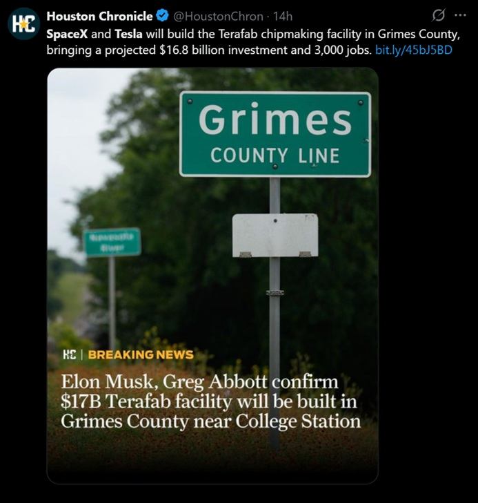 Musk announces new multi billion dollar facility in Grimes, TX.