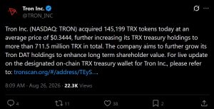 Tron latest update regarding TRX acquisition.