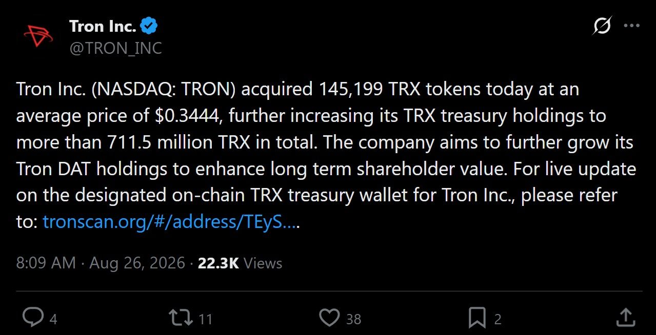 Tron latest update regarding TRX acquisition.