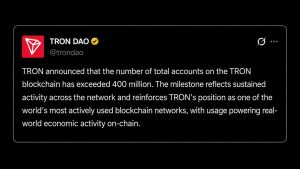 Tron Surpasses 400 Million Accounts as USDT Transfers Near $30 Trillion Tron Surpasses 400 Million Accounts as USDT Transfers Near $30 Trillion