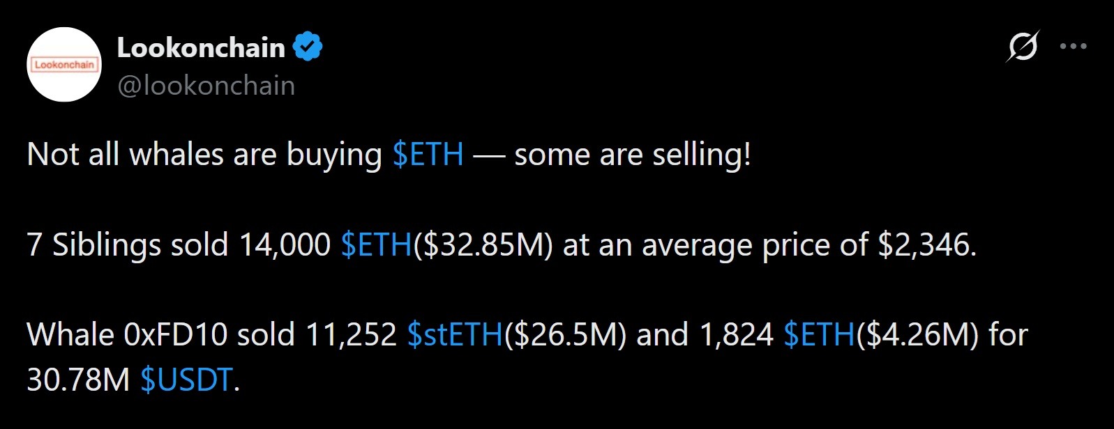 Lookonchain reports showing two whales dumping massive sums of ETH.