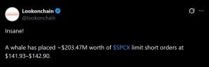 Whale place massive short against SPCX tokenized stock.