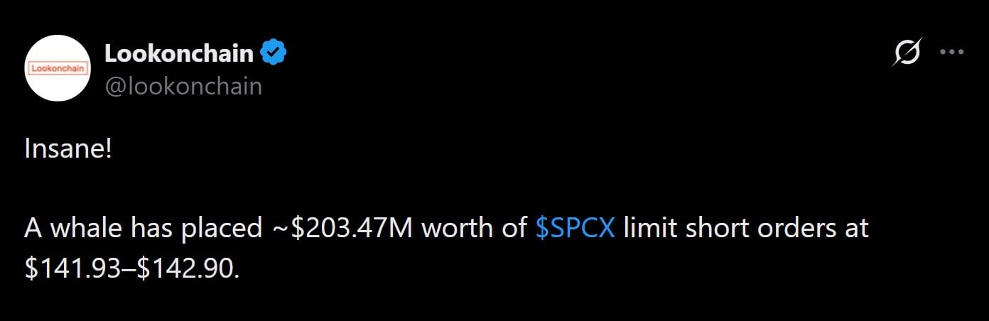 Whale place massive short against SPCX tokenized stock.