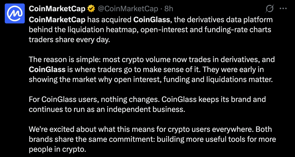Binance-Owned Coinmarketcap Buys Coinglass as Data Debate Grows