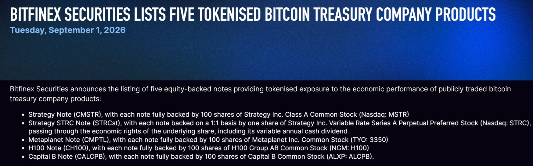 Bitfinex announcement regarding tokenized products.