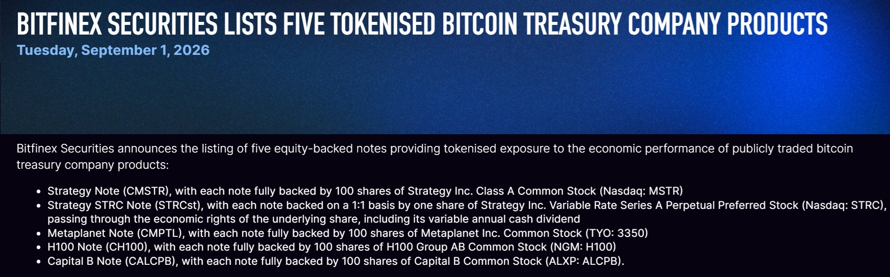 Bitfinex announcement regarding tokenized products.