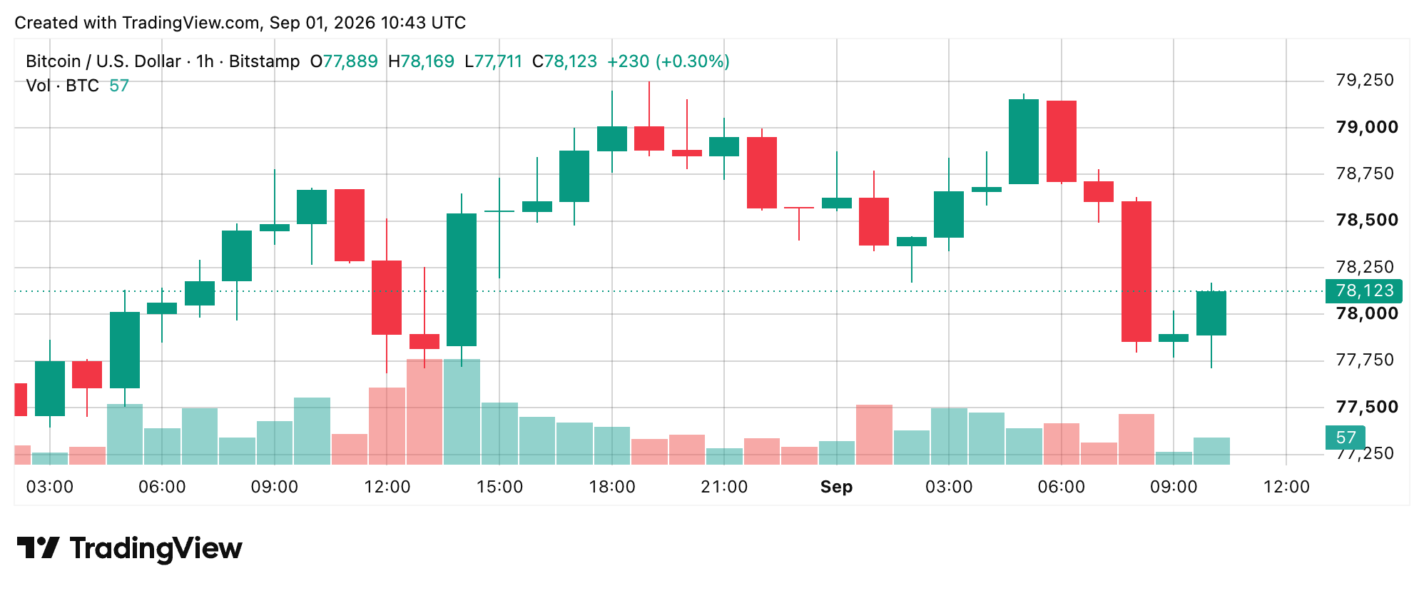 Bitcoin Price Update: $77K Support Is Key as September Begins 1-hour chart via Bitstamp screenshot