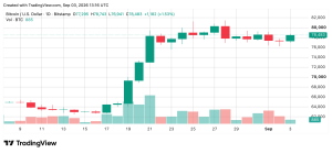 Le prix du Bitcoin augmente alors que les taureaux se heurtent à une résistance de 79 000 $ Graphique BTC/USD sur 24 heures via Bitstamp sur capture d'écran du 3 septembre 2026.