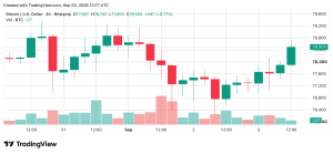 Le prix du Bitcoin augmente alors que les taureaux se heurtent à une résistance de 79 000 $ Graphique BTC/USD sur 4 heures via Bitstamp sur capture d'écran du 3 septembre 2026.