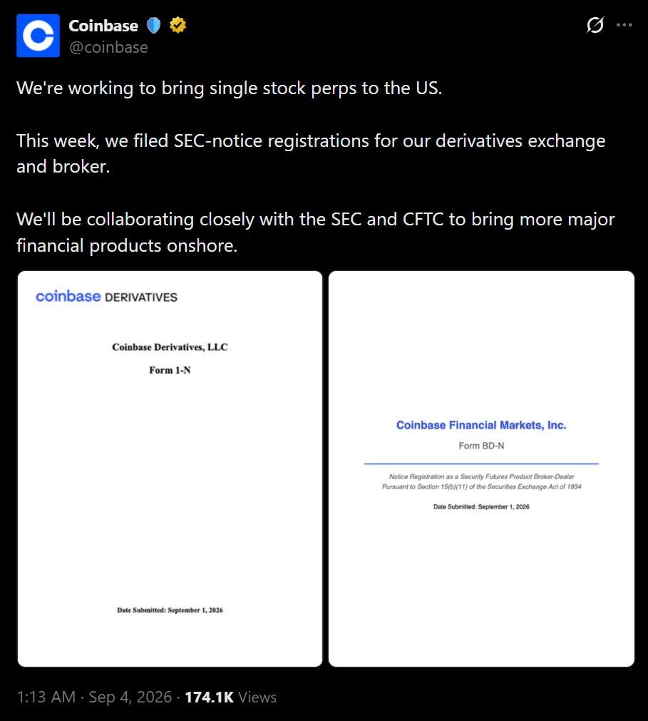 Coinbase announcement regarding 24/7 perpetuals.