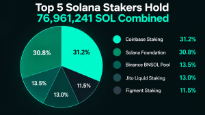 Inside Solana’s Staking Giants and the Mystery Whales With Billions Top five Solana (SOL) stakers percentages screenshot.