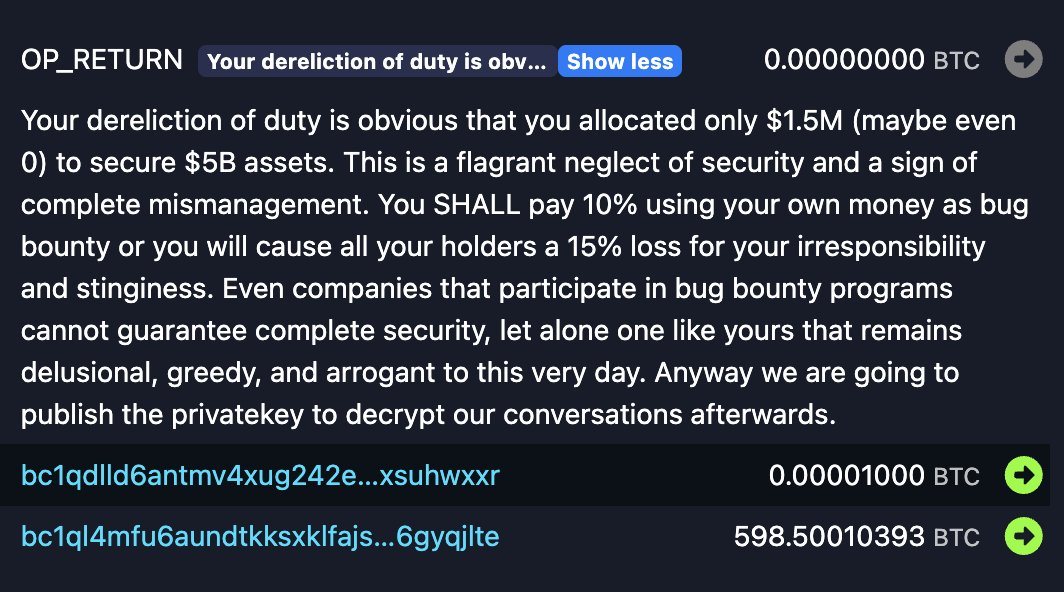 Blockstream Hackers Demand 10% Bounty, Threaten 15% Holder Loss OP_RETURN screenshot.