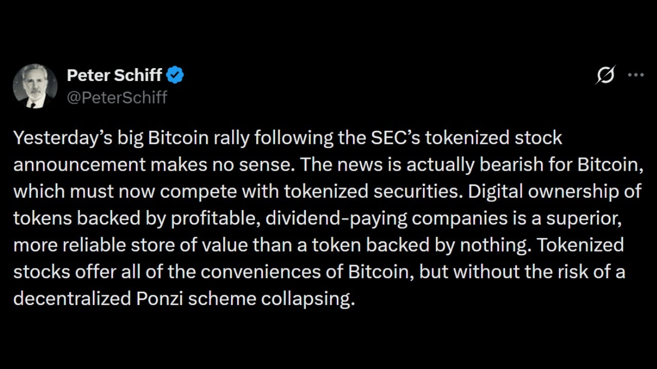 Schiff Warns Tokenized Stocks Will Siphon Liquidity From Bitcoin