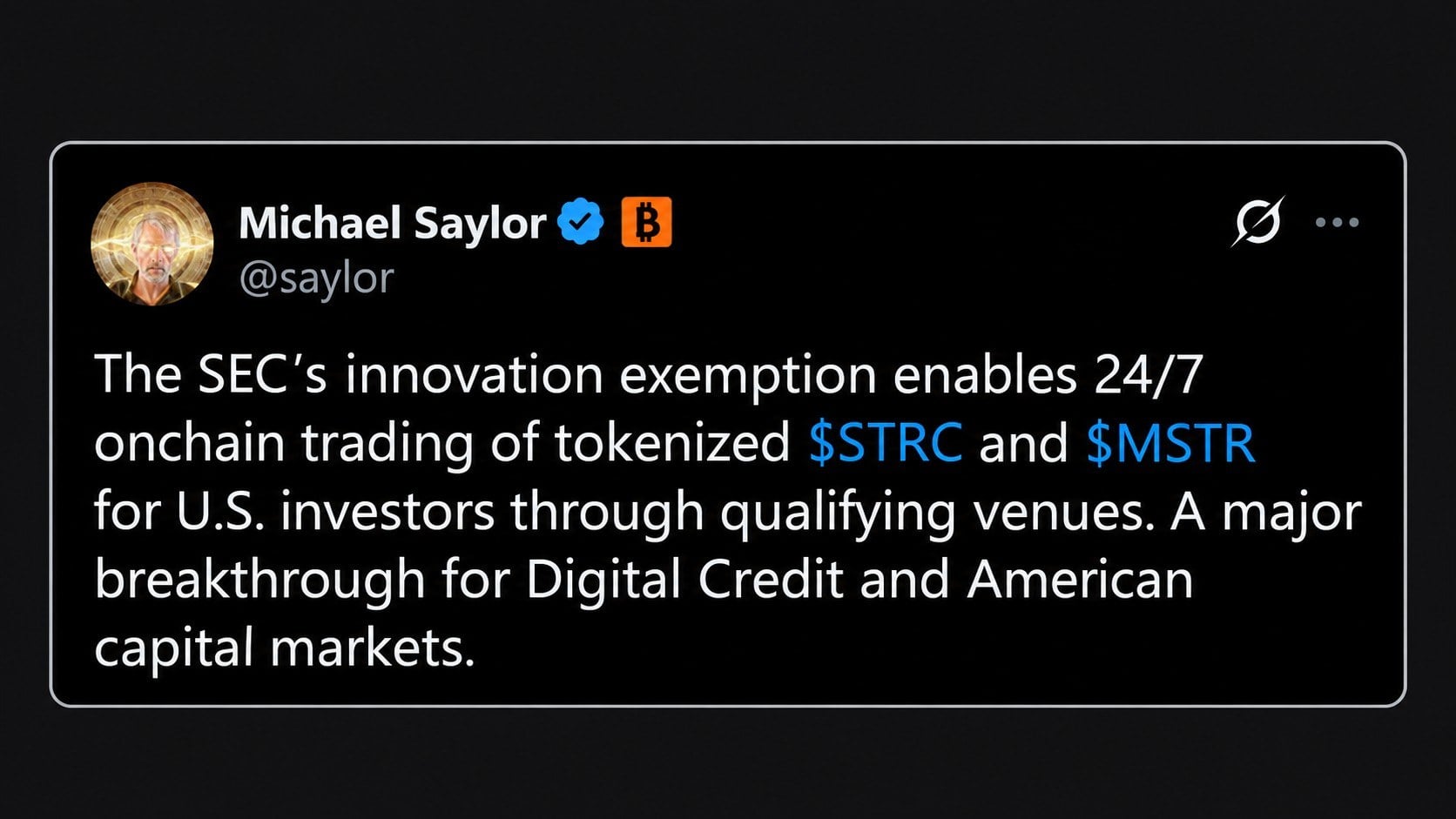 Saylor Says SEC Exemption Puts Tokenized MSTR and STRC Onchain 24/7