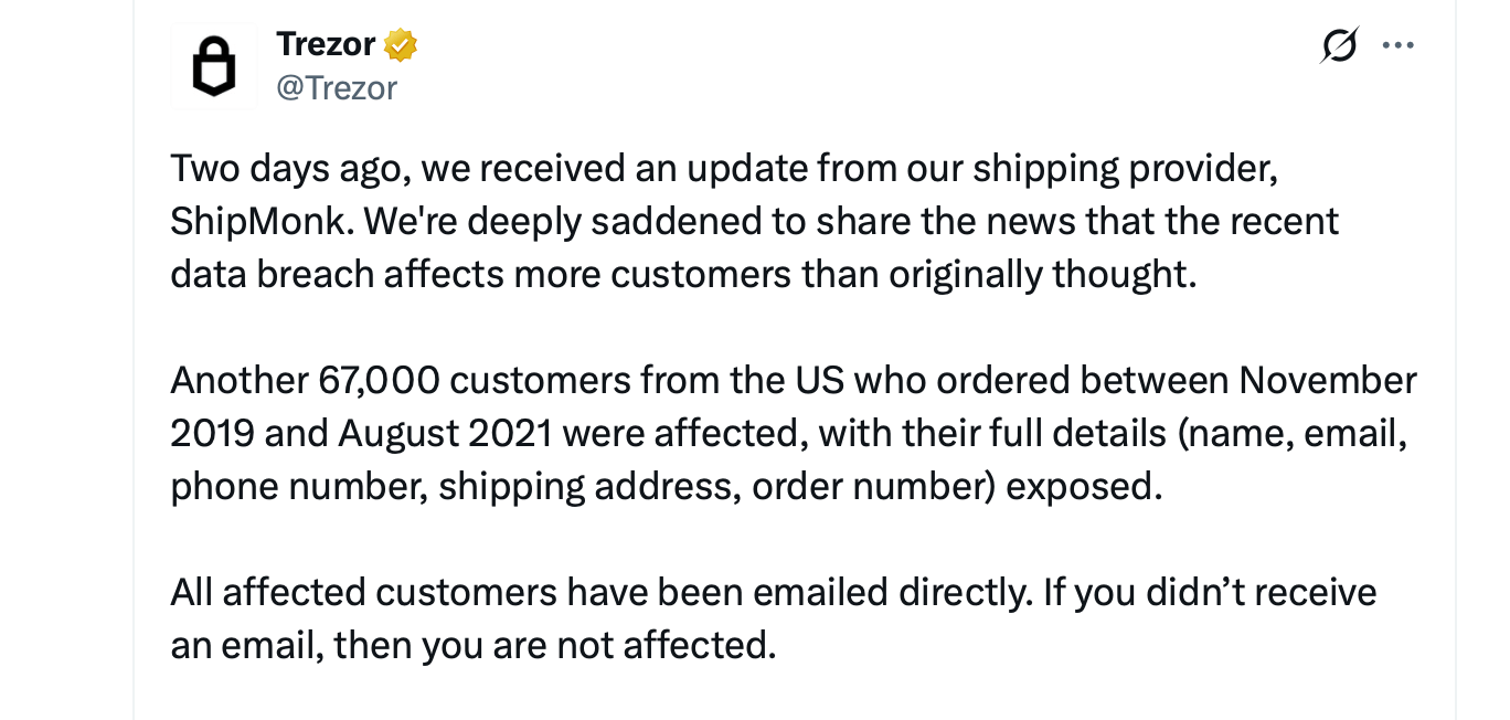Trezor Data Leak Spirals as 67,000 More US Buyers Get Exposed Trezor security alert via X on Sept. 4, 2026, screenshot.