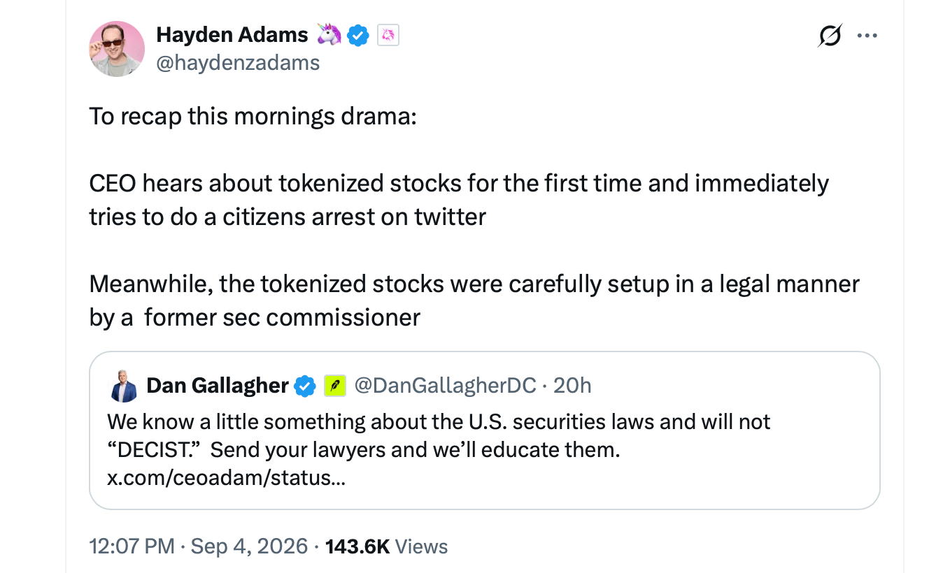 The New RWA Meme Coin Meta Has TradFi CEOs Furious Hayden Adams X post