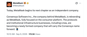 Metamask Breaks Free From Consensys as 2027 IPO Buzz Heats Up Metamask X post on Sept. 9 screenshot.