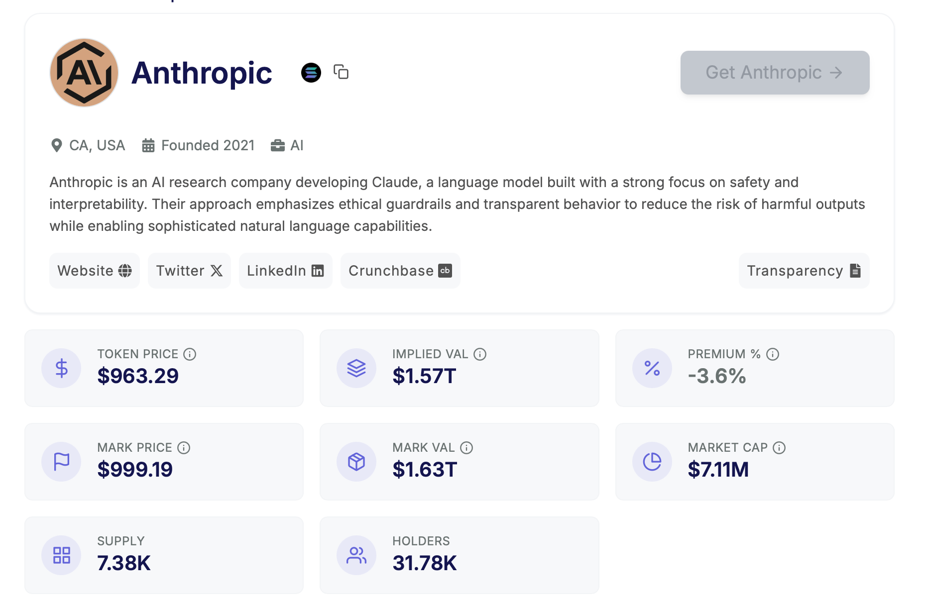 Prestock token page screenshot. 