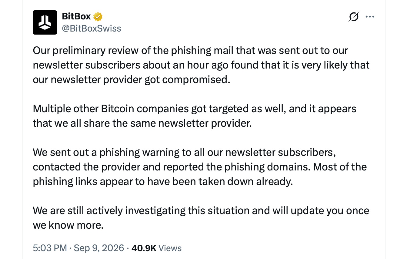 Hackers Hijack Trezor, Bitbox Emails to Target Crypto Users Bitbox X post on Sept. 9, 2026 screenshot.