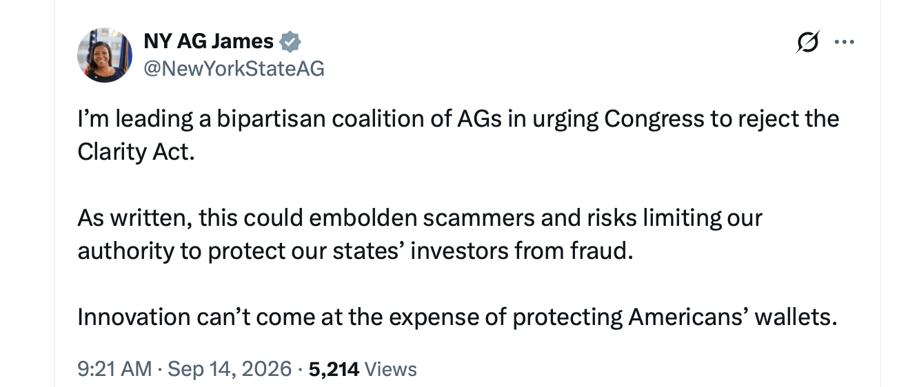 NY AG Letitia James Throws a Wrench Into Washington’s CLARITY Act NY AG Letitia James X post screenshot