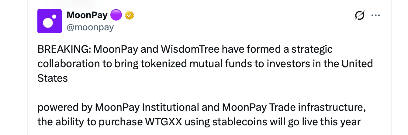 Wisdomtree’s Tokenized Treasury Fund Lands Inside Moonpay’s Network X screenshot.