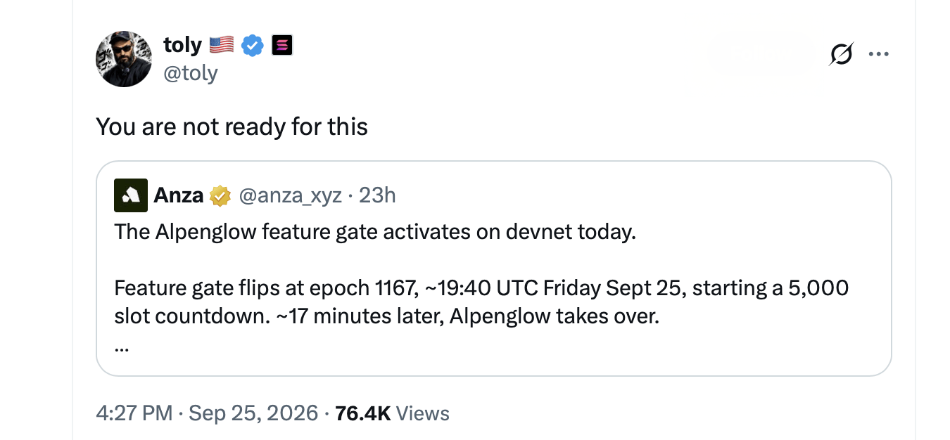 Solana's Alpenglow Hits Second Testnet, 100ms Finality in Sight X screenshot.