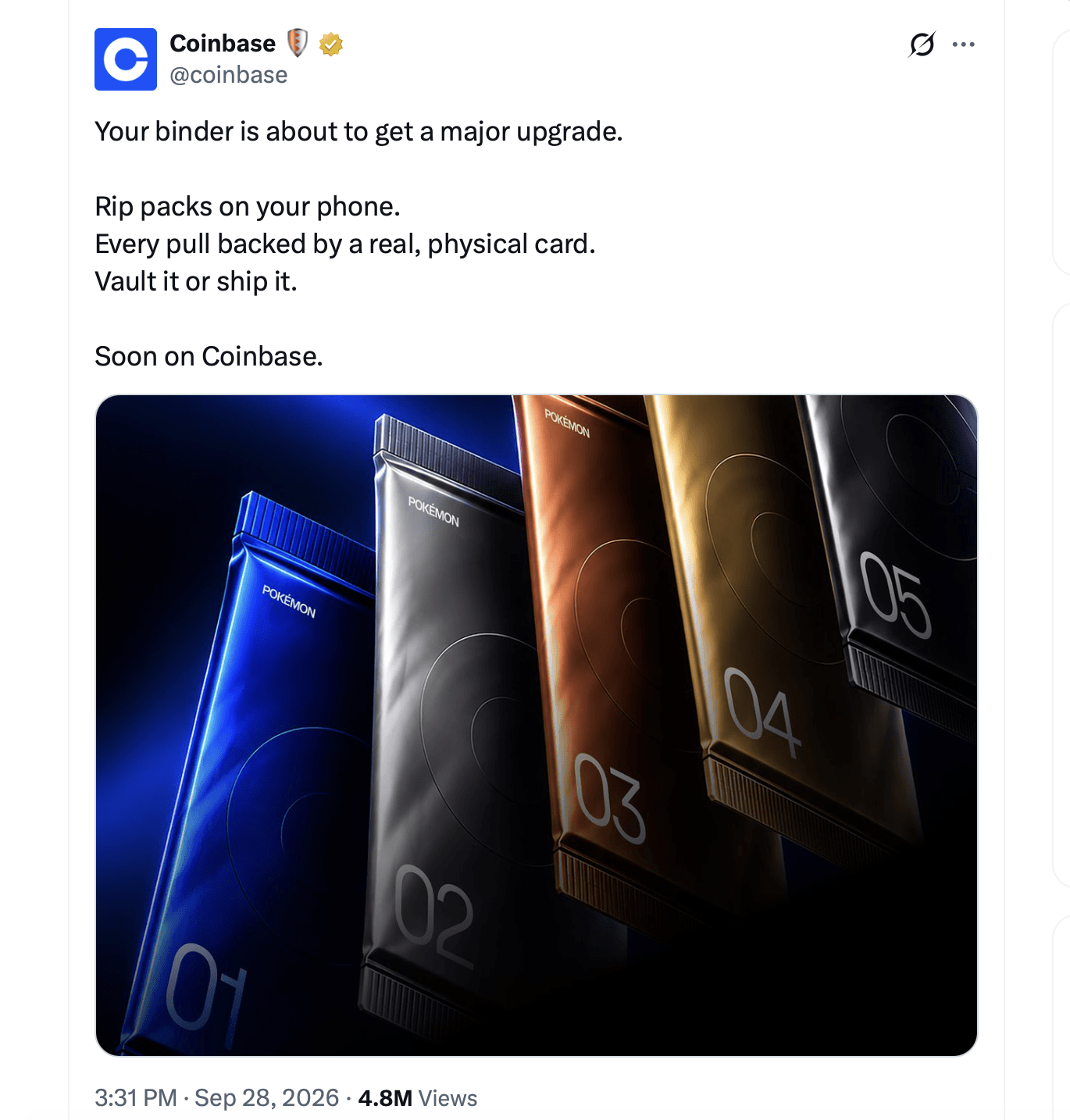 Coinbase Plans Digital Pokémon Pulls With Real Cards Behind Them Coinbase X post.