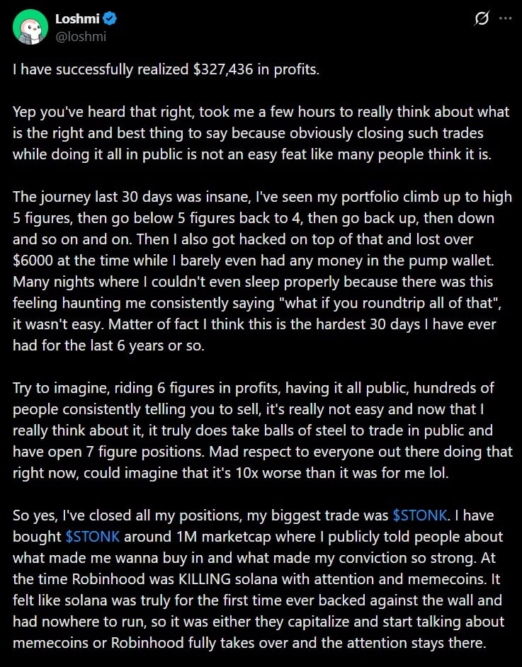 Memecoin trader who bouth and accrued massive profits using STONK.