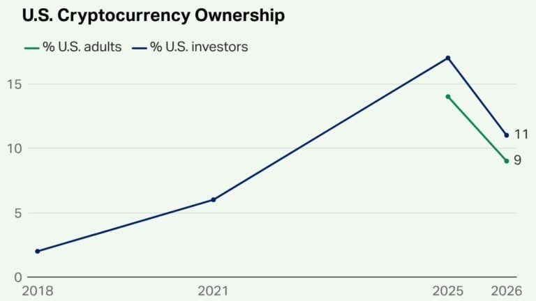 US Crypto Ownership Falls to 11% as 63% of Investors See High Risk